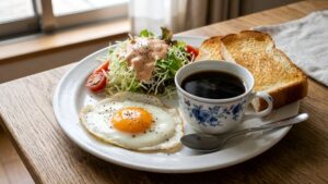 駅から歩いて5分の場所にあるレトロな喫茶店で落ち着いた朝ごはんを